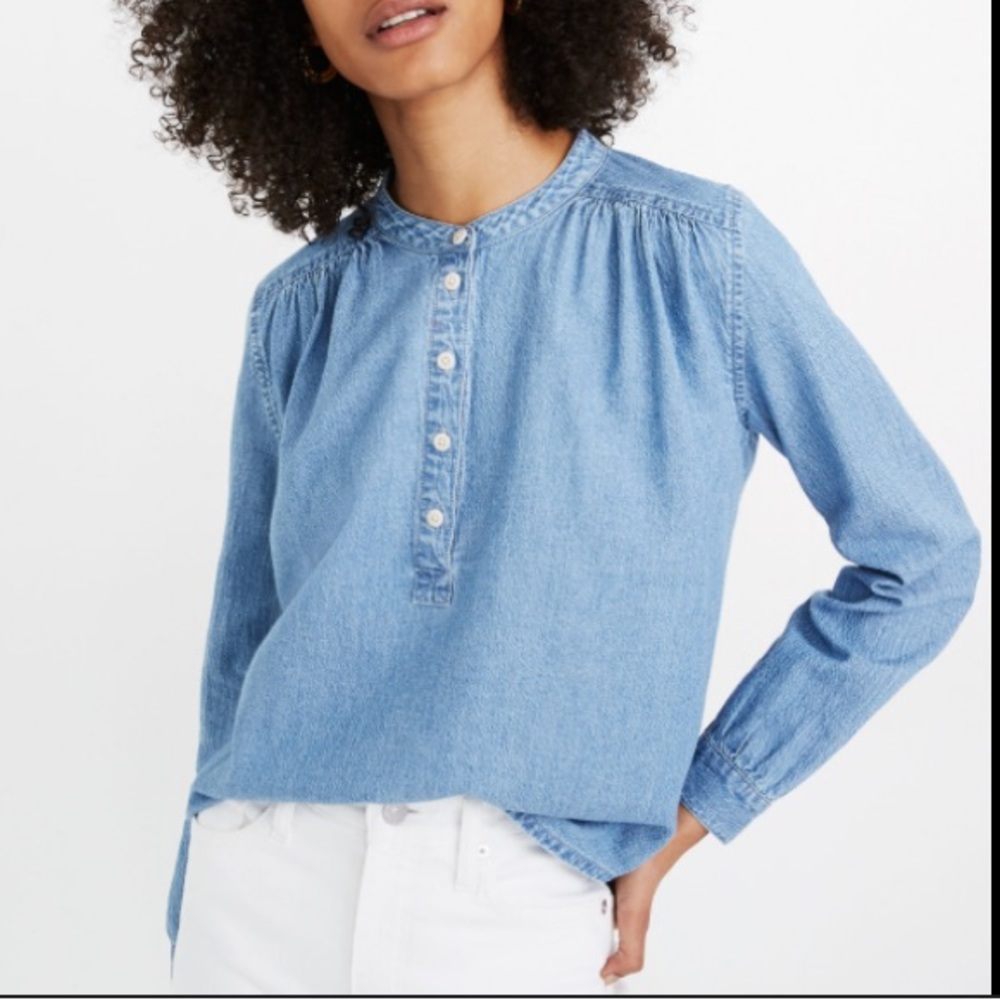 Denim Shirred Popover Top in Emmie Wash